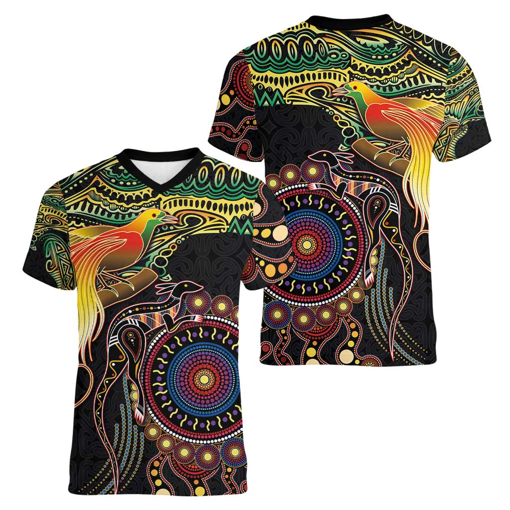 Papua New Guinea and Australia Together Women V-Neck T-Shirt Bird of Paradise and Kangaroo Melanesian Aboriginal Motifs - Polynesian Pride