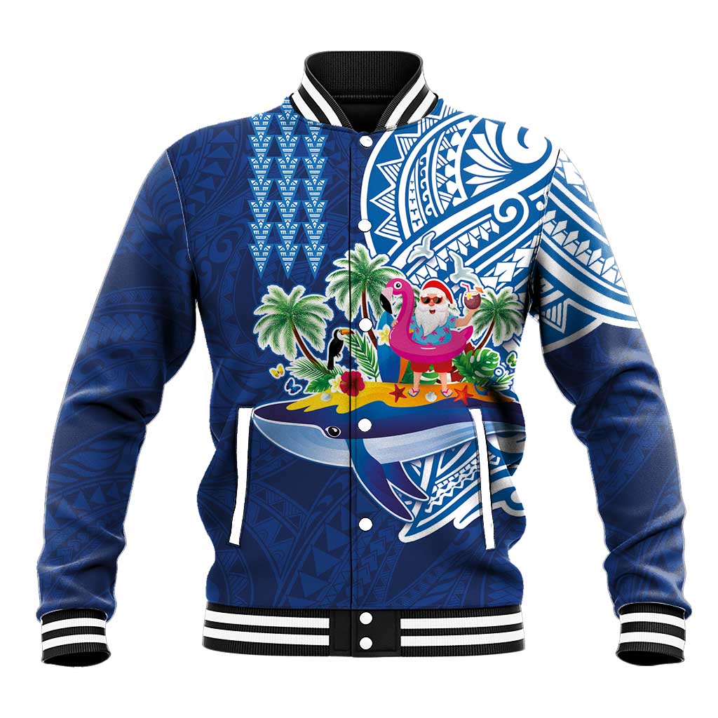 Hawaiian Mele Kalikimaka Baseball Jacket Funny Santa on Whale Island with Kakau Tattoos - Polynesian Pride