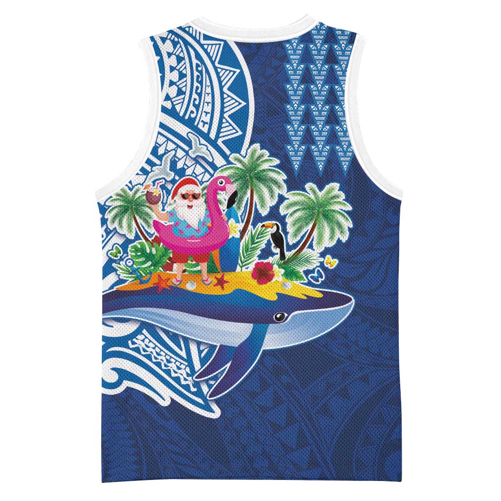 Hawaiian Mele Kalikimaka Basketball Jersey Funny Santa on Whale Island with Kakau Tattoos - Polynesian Pride