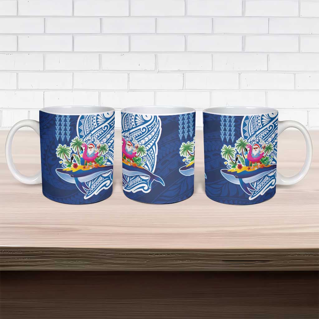 Hawaiian Mele Kalikimaka Ceramic Mug Funny Santa on Whale Island with Kakau Tattoos - Polynesian Pride