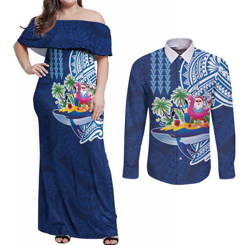 Hawaiian Mele Kalikimaka Couples Matching Off Shoulder Maxi Dress and Long Sleeve Button Shirt Funny Santa on Whale Island with Kakau Tattoos - Polynesian Pride