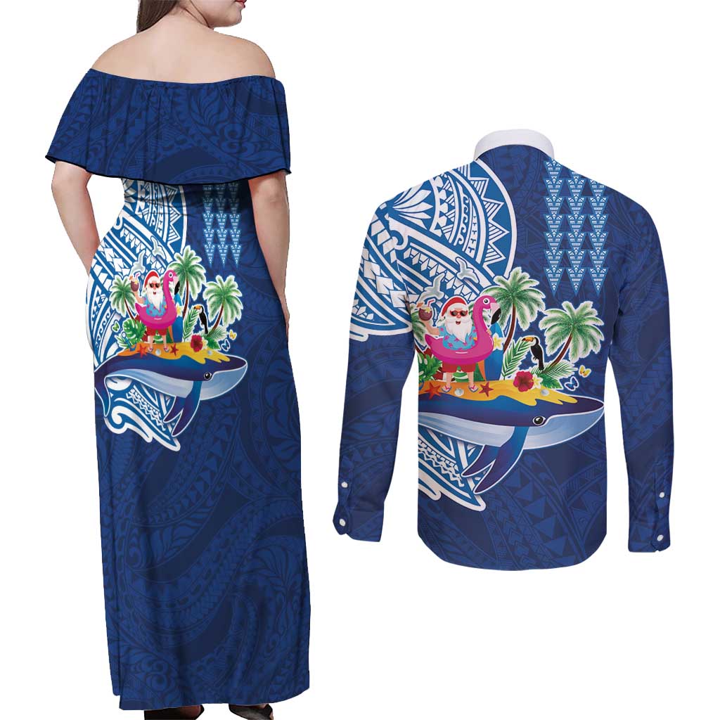 Hawaiian Mele Kalikimaka Couples Matching Off Shoulder Maxi Dress and Long Sleeve Button Shirt Funny Santa on Whale Island with Kakau Tattoos - Polynesian Pride