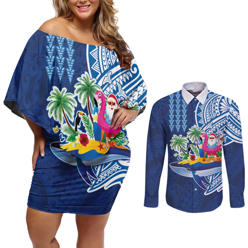 Hawaiian Mele Kalikimaka Couples Matching Off Shoulder Short Dress and Long Sleeve Button Shirt Funny Santa on Whale Island with Kakau Tattoos - Polynesian Pride