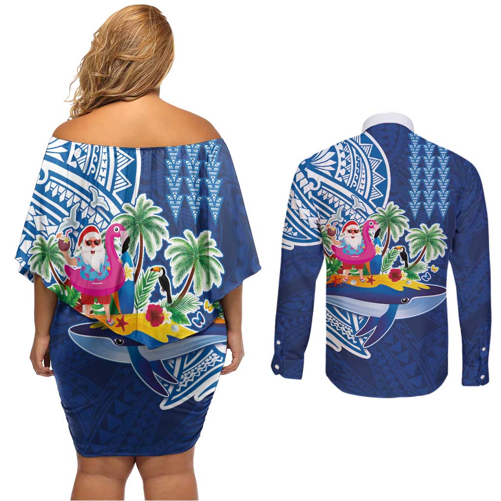 Hawaiian Mele Kalikimaka Couples Matching Off Shoulder Short Dress and Long Sleeve Button Shirt Funny Santa on Whale Island with Kakau Tattoos - Polynesian Pride