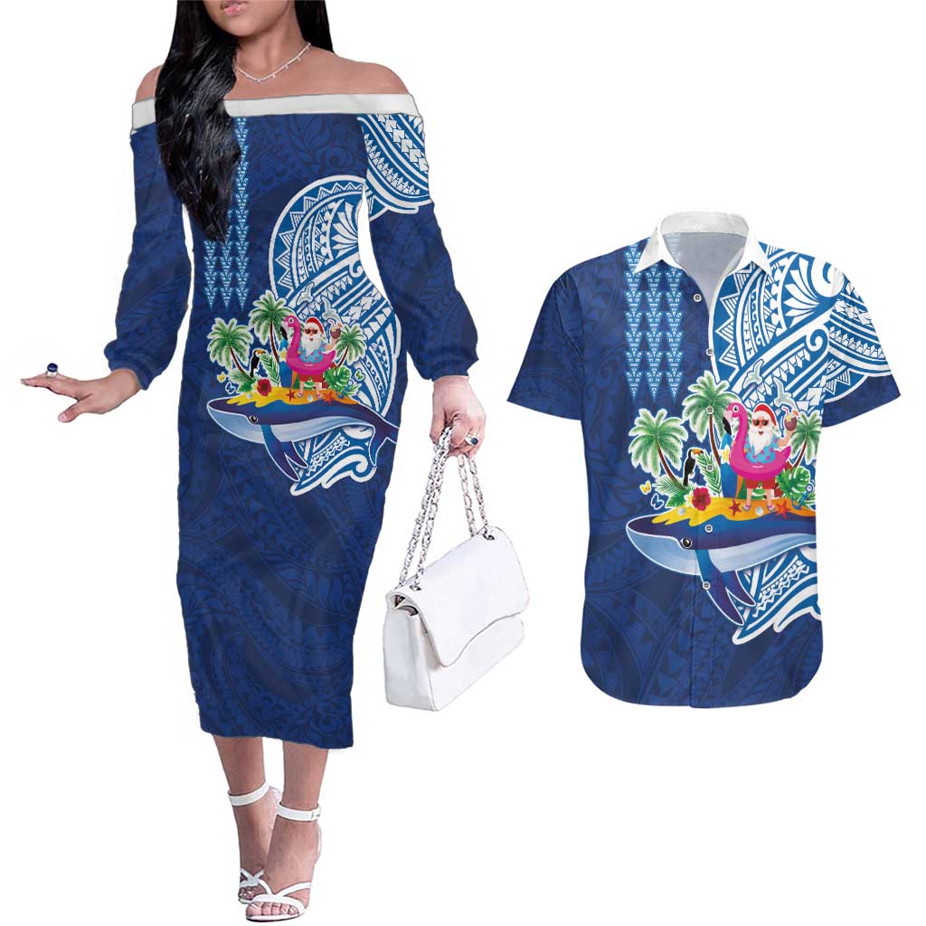 Hawaiian Mele Kalikimaka Couples Matching Off The Shoulder Long Sleeve Dress and Hawaiian Shirt Funny Santa on Whale Island with Kakau Tattoos - Polynesian Pride