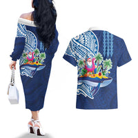 Hawaiian Mele Kalikimaka Couples Matching Off The Shoulder Long Sleeve Dress and Hawaiian Shirt Funny Santa on Whale Island with Kakau Tattoos - Polynesian Pride