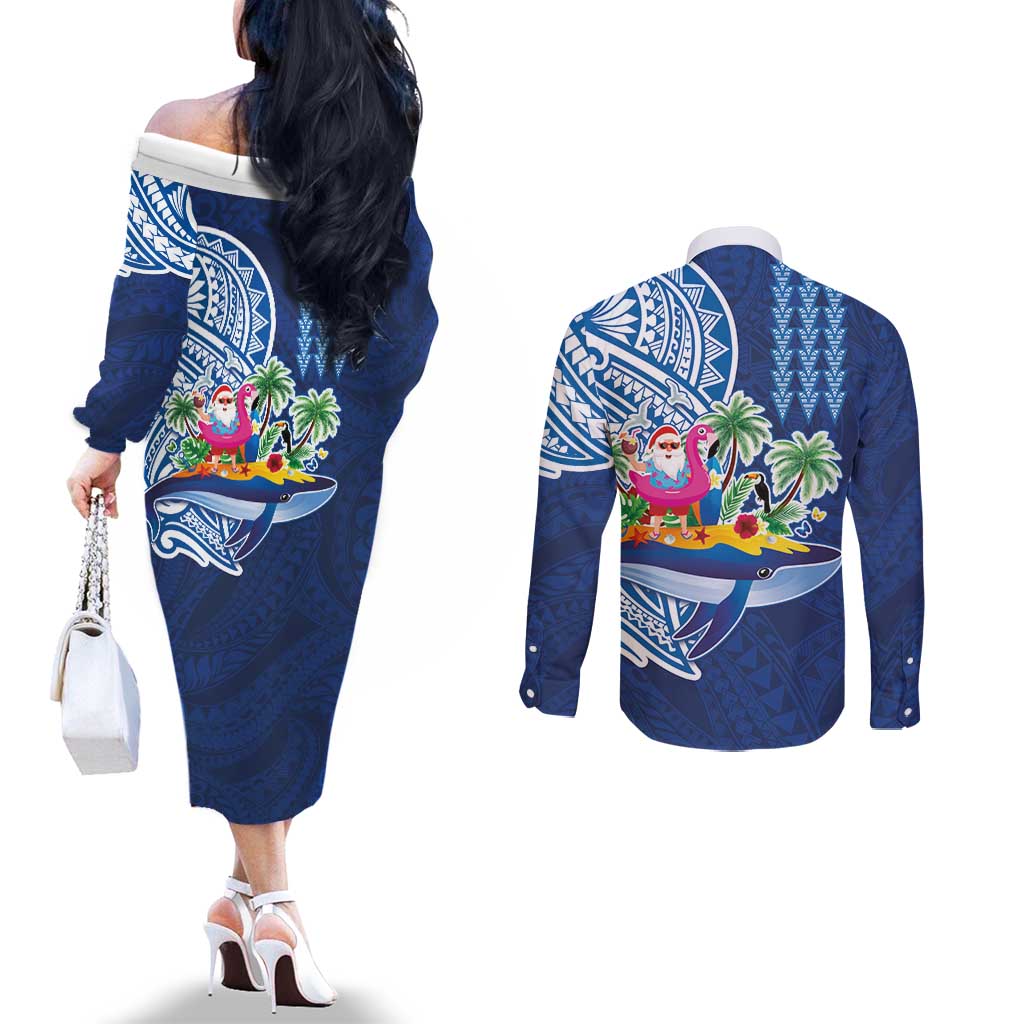 Hawaiian Mele Kalikimaka Couples Matching Off The Shoulder Long Sleeve Dress and Long Sleeve Button Shirt Funny Santa on Whale Island with Kakau Tattoos - Polynesian Pride