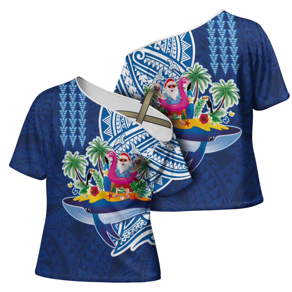Hawaiian Mele Kalikimaka Cross Shoulder Shirt Funny Santa on Whale Island with Kakau Tattoos - Polynesian Pride