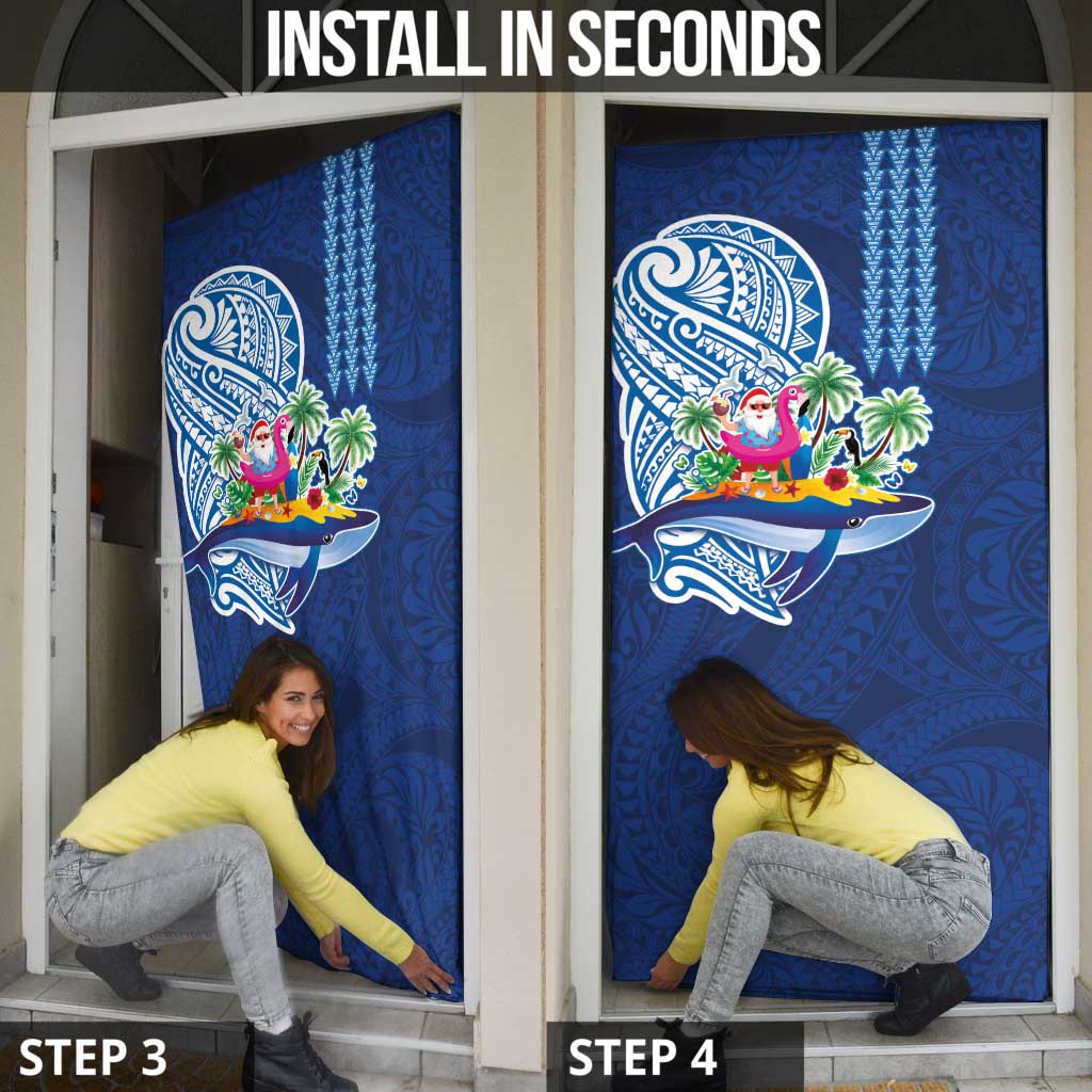 Hawaiian Mele Kalikimaka Door Cover Funny Santa on Whale Island with Kakau Tattoos - Polynesian Pride