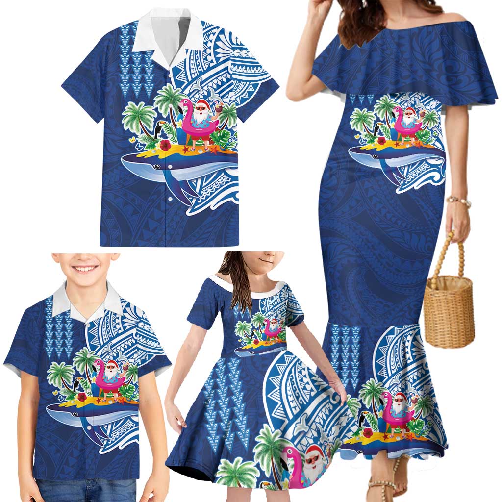 Hawaiian Mele Kalikimaka Family Matching Mermaid Dress and Hawaiian Shirt Funny Santa on Whale Island with Kakau Tattoos - Polynesian Pride