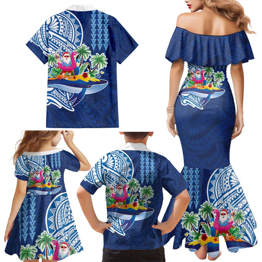 Hawaiian Mele Kalikimaka Family Matching Mermaid Dress and Hawaiian Shirt Funny Santa on Whale Island with Kakau Tattoos - Polynesian Pride