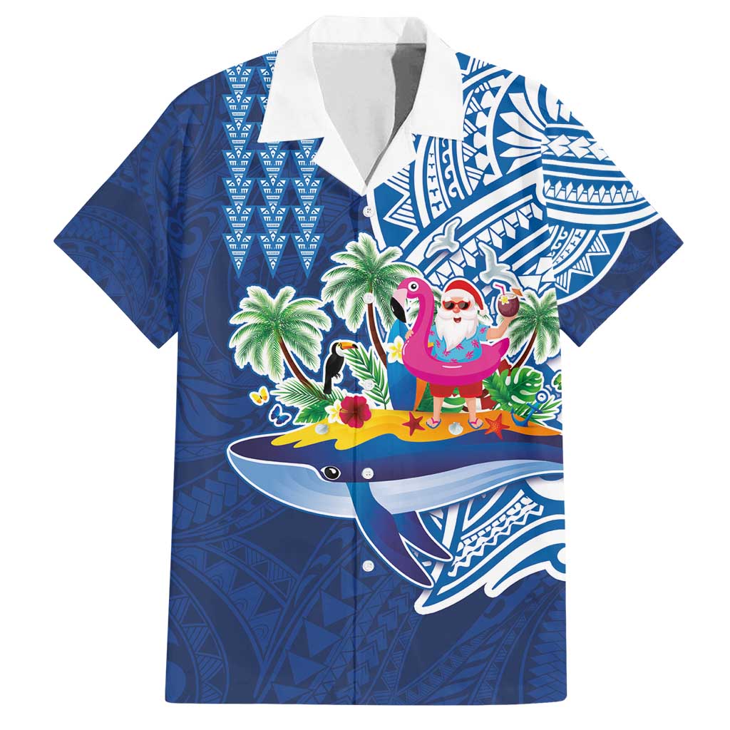 Hawaiian Mele Kalikimaka Family Matching Off Shoulder Short Dress and Hawaiian Shirt Funny Santa on Whale Island with Kakau Tattoos - Polynesian Pride