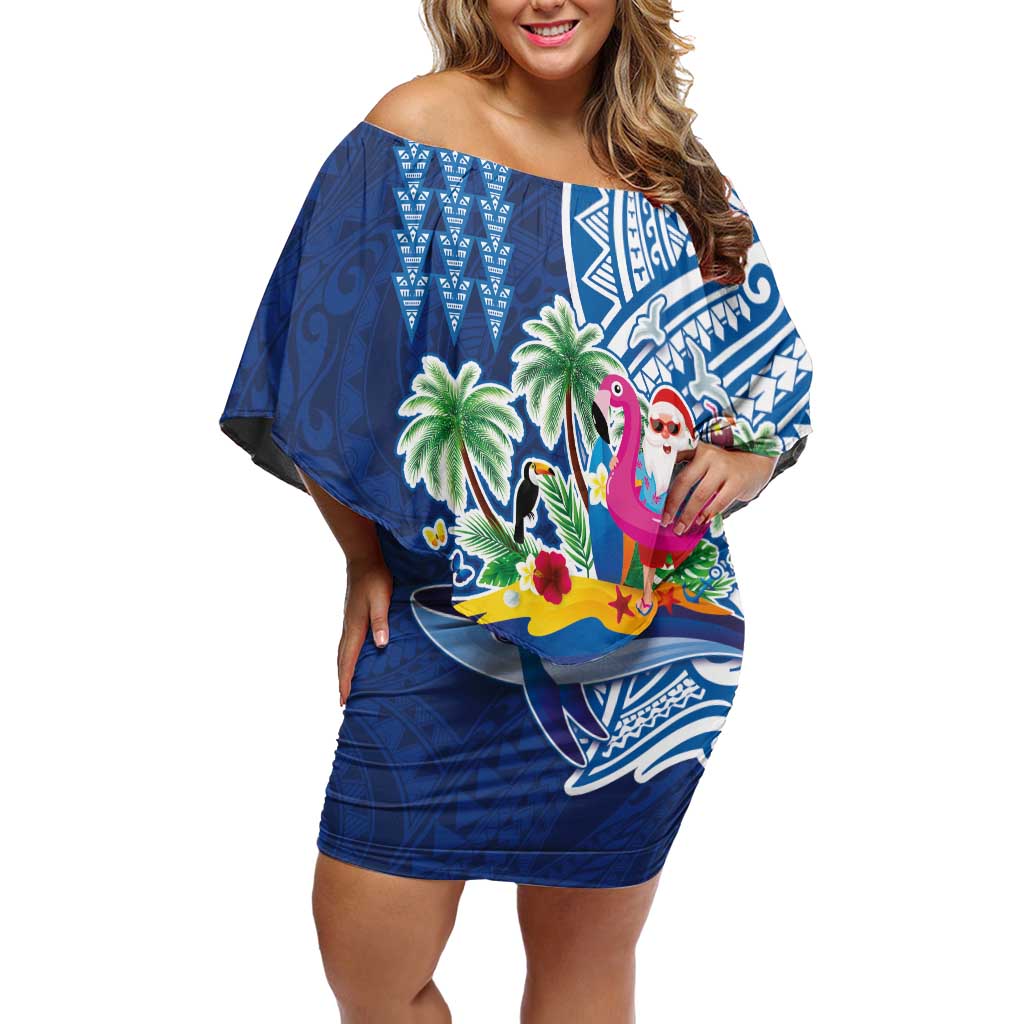 Hawaiian Mele Kalikimaka Family Matching Off Shoulder Short Dress and Hawaiian Shirt Funny Santa on Whale Island with Kakau Tattoos - Polynesian Pride