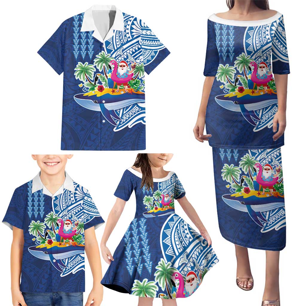 Hawaiian Mele Kalikimaka Family Matching Puletasi and Hawaiian Shirt Funny Santa on Whale Island with Kakau Tattoos - Polynesian Pride