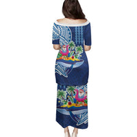 Hawaiian Mele Kalikimaka Family Matching Puletasi and Hawaiian Shirt Funny Santa on Whale Island with Kakau Tattoos - Polynesian Pride