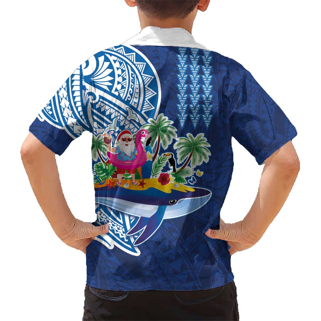 Hawaiian Mele Kalikimaka Family Matching Short Sleeve Bodycon Dress and Hawaiian Shirt Funny Santa on Whale Island with Kakau Tattoos - Polynesian Pride