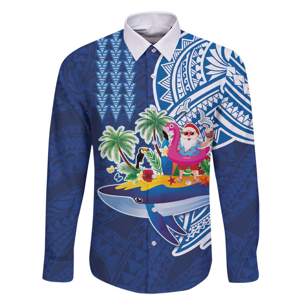 Hawaiian Mele Kalikimaka Family Matching Short Sleeve Bodycon Dress and Hawaiian Shirt Funny Santa on Whale Island with Kakau Tattoos - Polynesian Pride