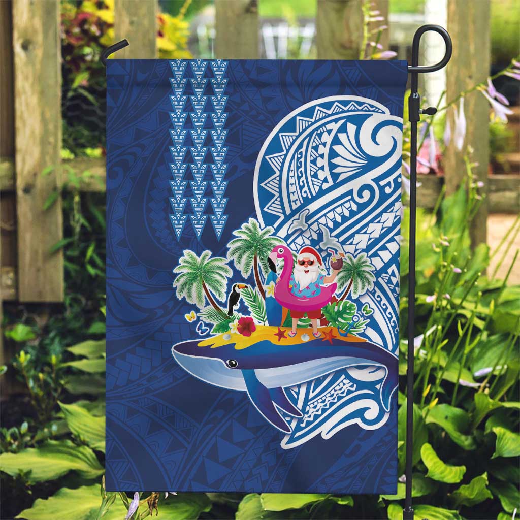 Hawaiian Mele Kalikimaka Garden Flag Funny Santa on Whale Island with Kakau Tattoos - Polynesian Pride
