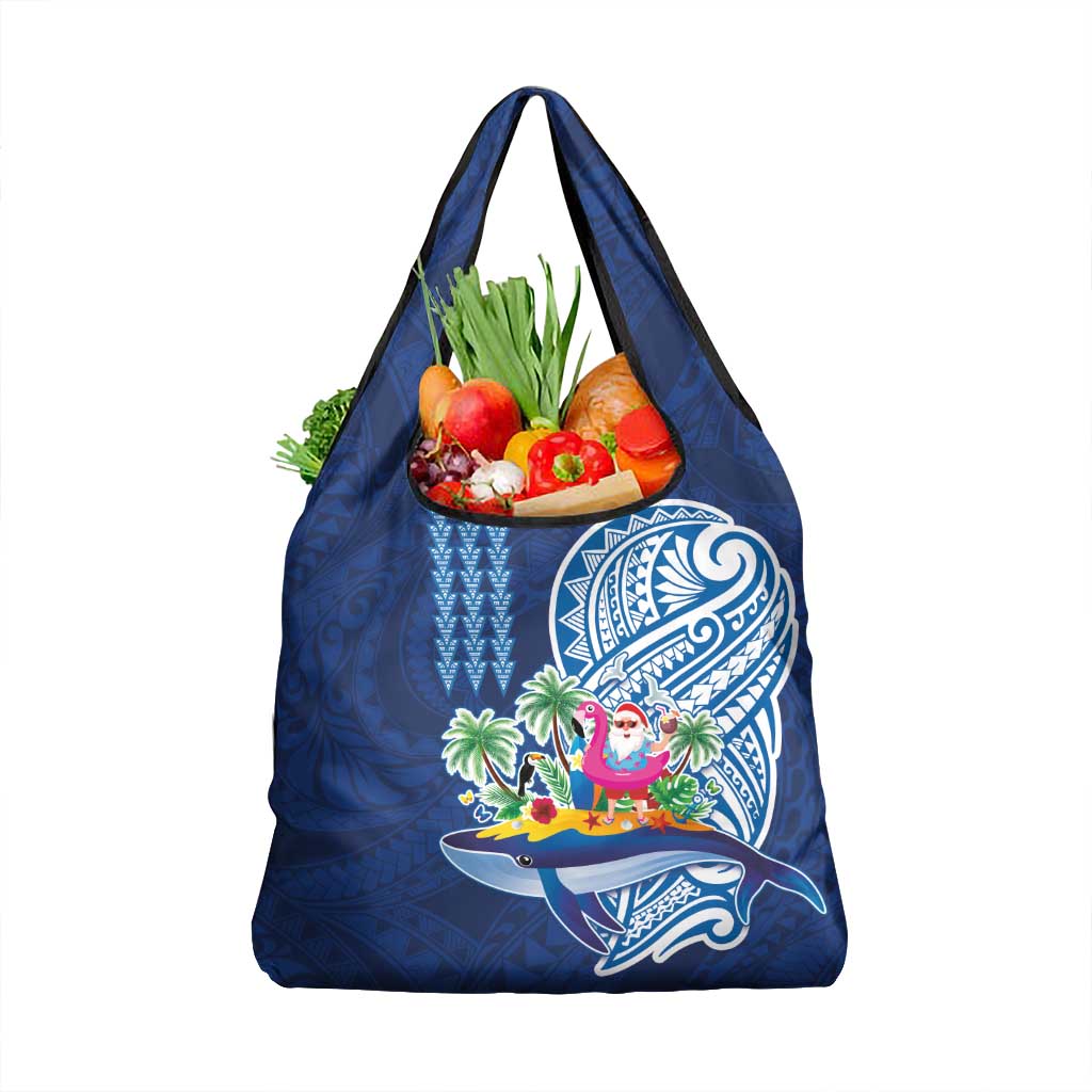 Hawaiian Mele Kalikimaka Grocery Bag Funny Santa on Whale Island with Kakau Tattoos - Polynesian Pride