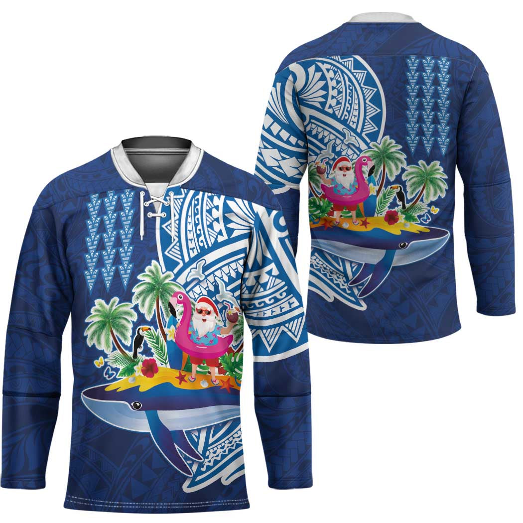 Hawaiian Mele Kalikimaka Hockey Jersey Funny Santa on Whale Island with Kakau Tattoos - Polynesian Pride