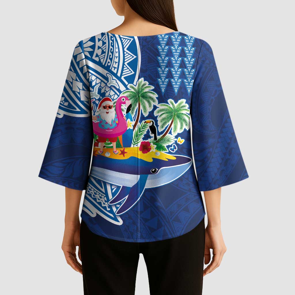 Hawaiian Mele Kalikimaka Kimono Sleeve Blouse Funny Santa on Whale Island with Kakau Tattoos - Polynesian Pride