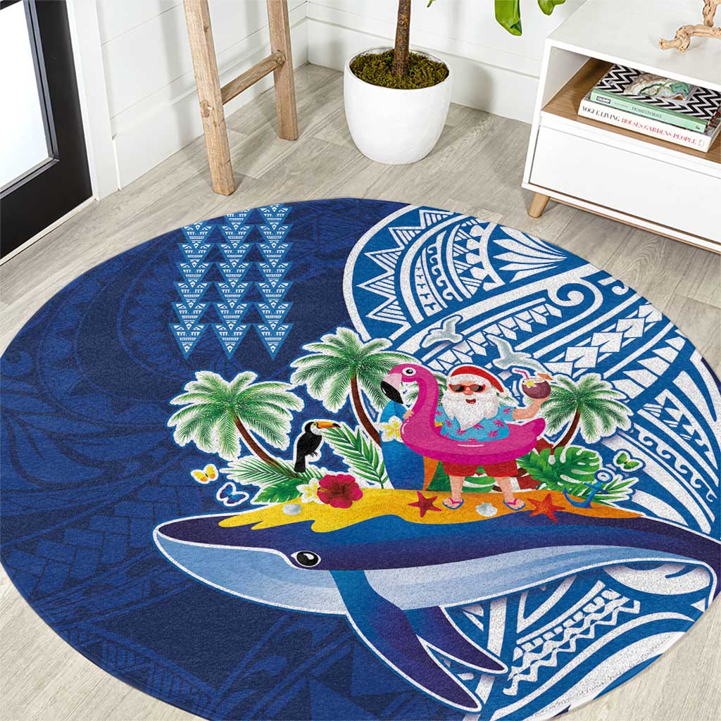 Hawaiian Mele Kalikimaka Round Carpet Funny Santa on Whale Island with Kakau Tattoos - Polynesian Pride