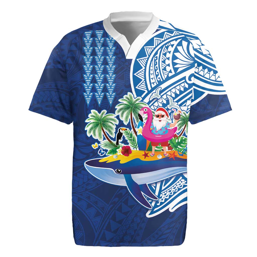 Hawaiian Mele Kalikimaka Rugby Jersey Funny Santa on Whale Island with Kakau Tattoos - Polynesian Pride