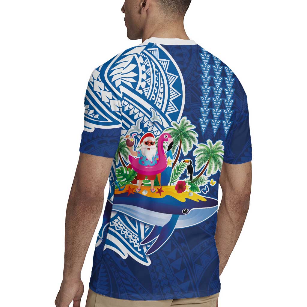 Hawaiian Mele Kalikimaka Rugby Jersey Funny Santa on Whale Island with Kakau Tattoos - Polynesian Pride