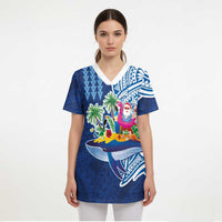 Hawaiian Mele Kalikimaka Scrub Top Funny Santa on Whale Island with Kakau Tattoos - Polynesian Pride