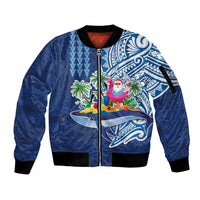 Hawaiian Mele Kalikimaka Sleeve Zip Bomber Jacket Funny Santa on Whale Island with Kakau Tattoos - Polynesian Pride