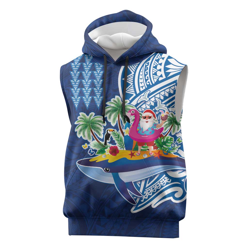 Hawaiian Mele Kalikimaka Sleeveless Hoodie Funny Santa on Whale Island with Kakau Tattoos - Polynesian Pride