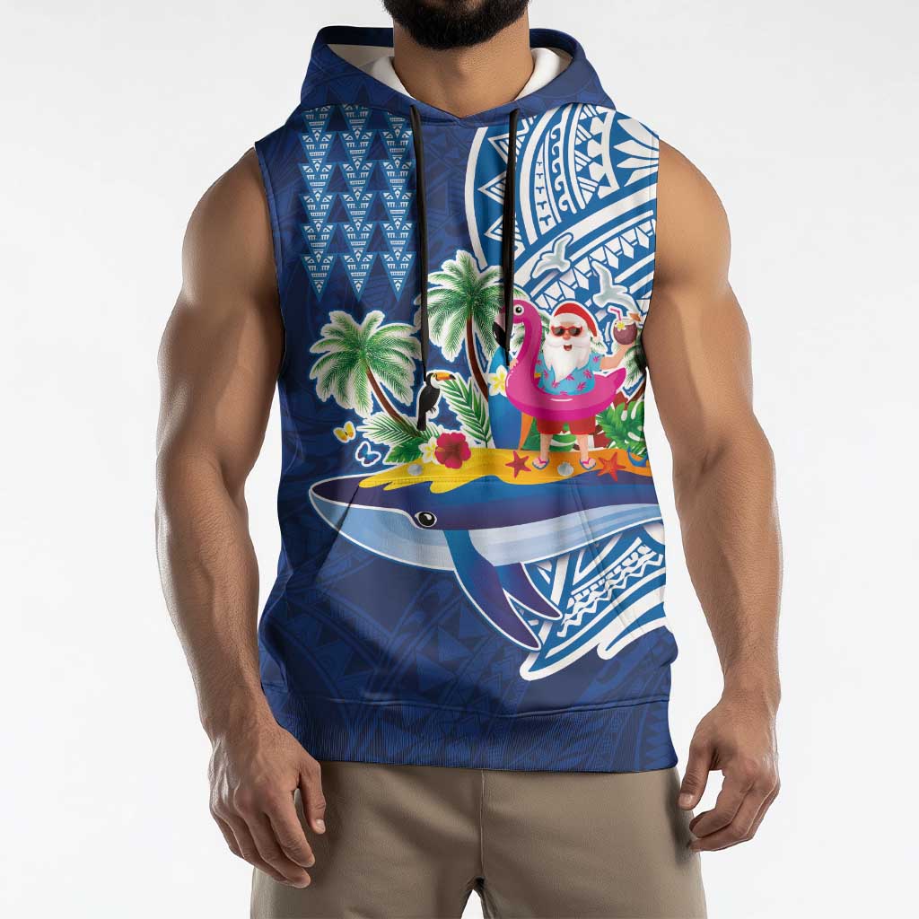 Hawaiian Mele Kalikimaka Sleeveless Hoodie Funny Santa on Whale Island with Kakau Tattoos - Polynesian Pride