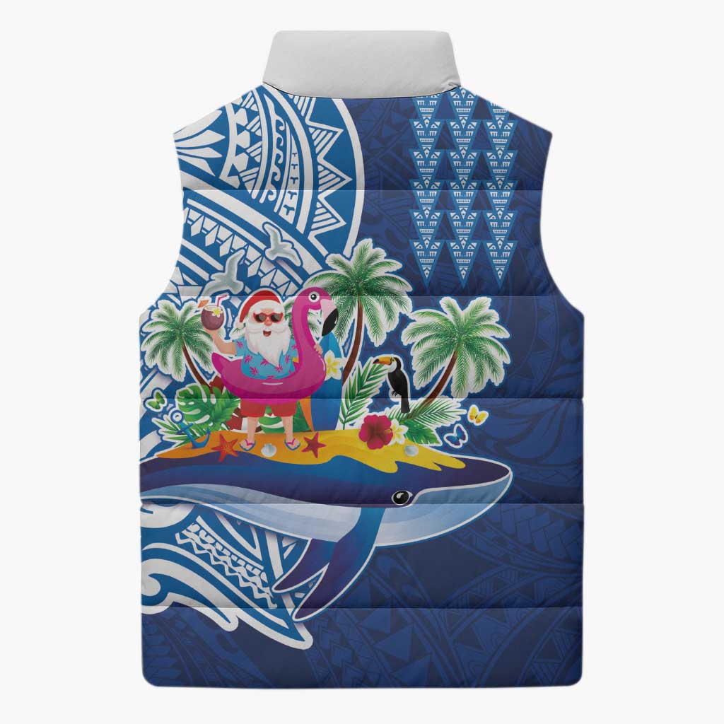 Hawaiian Mele Kalikimaka Sleeveless Puffer Jacket Funny Santa on Whale Island with Kakau Tattoos - Polynesian Pride