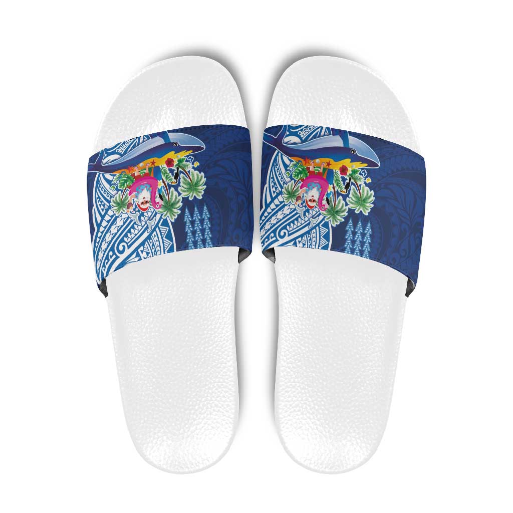 Hawaiian Mele Kalikimaka Slide Sandals Funny Santa on Whale Island with Kakau Tattoos - Polynesian Pride