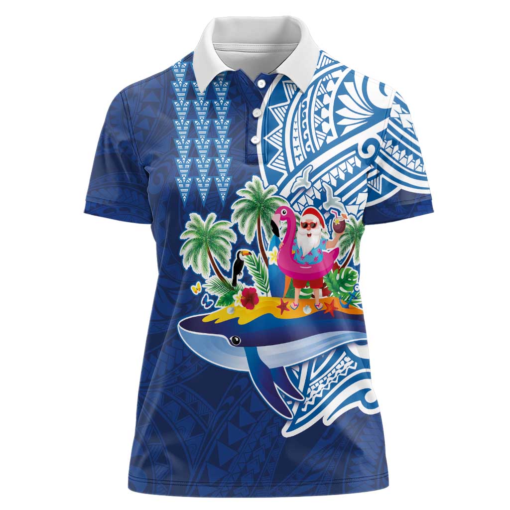 Hawaiian Mele Kalikimaka Women Polo Shirt Funny Santa on Whale Island with Kakau Tattoos - Polynesian Pride