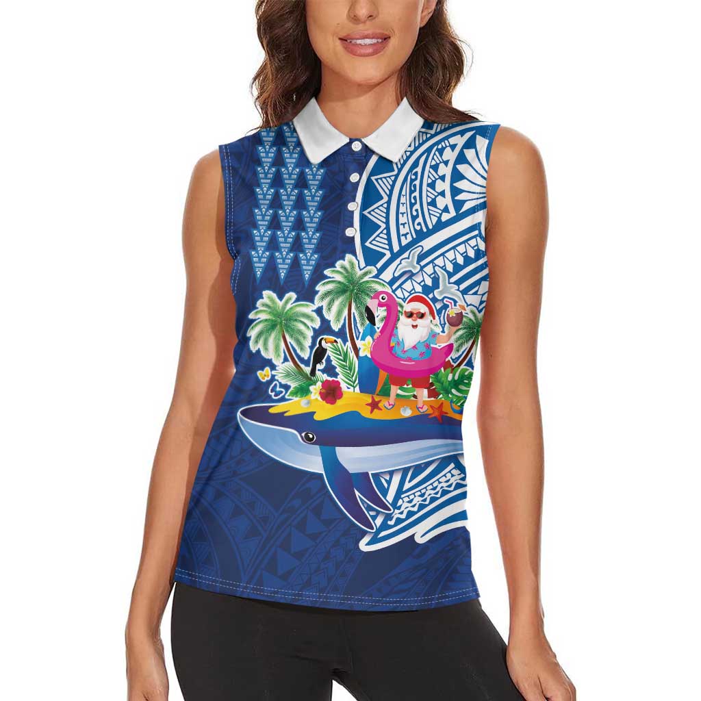 Hawaiian Mele Kalikimaka Women Sleeveless Polo Shirt Funny Santa on Whale Island with Kakau Tattoos - Polynesian Pride