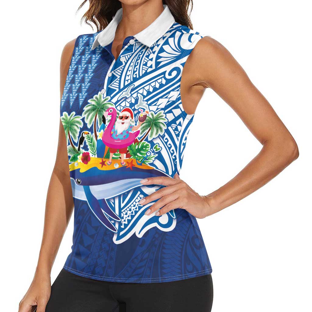 Hawaiian Mele Kalikimaka Women Sleeveless Polo Shirt Funny Santa on Whale Island with Kakau Tattoos - Polynesian Pride