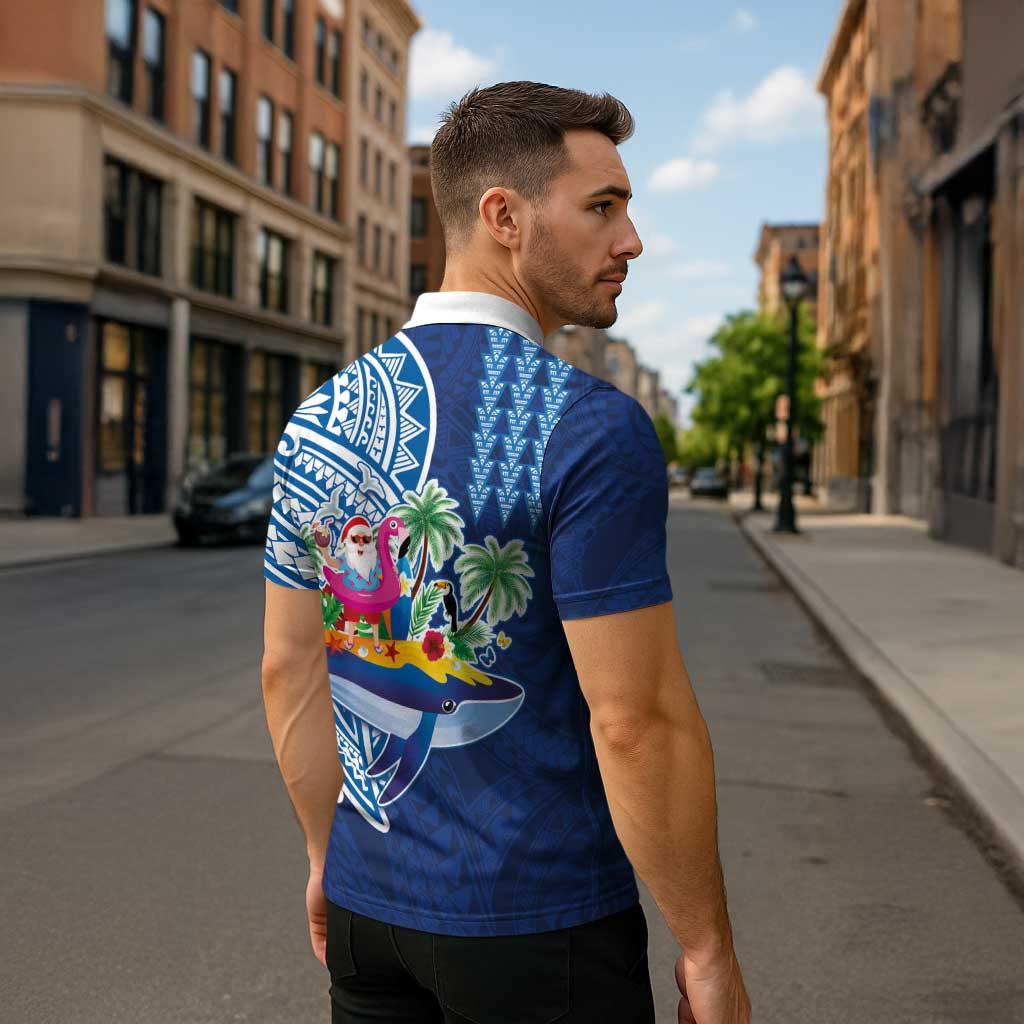 Hawaiian Mele Kalikimaka Zipper Polo Shirt Funny Santa on Whale Island with Kakau Tattoos - Polynesian Pride