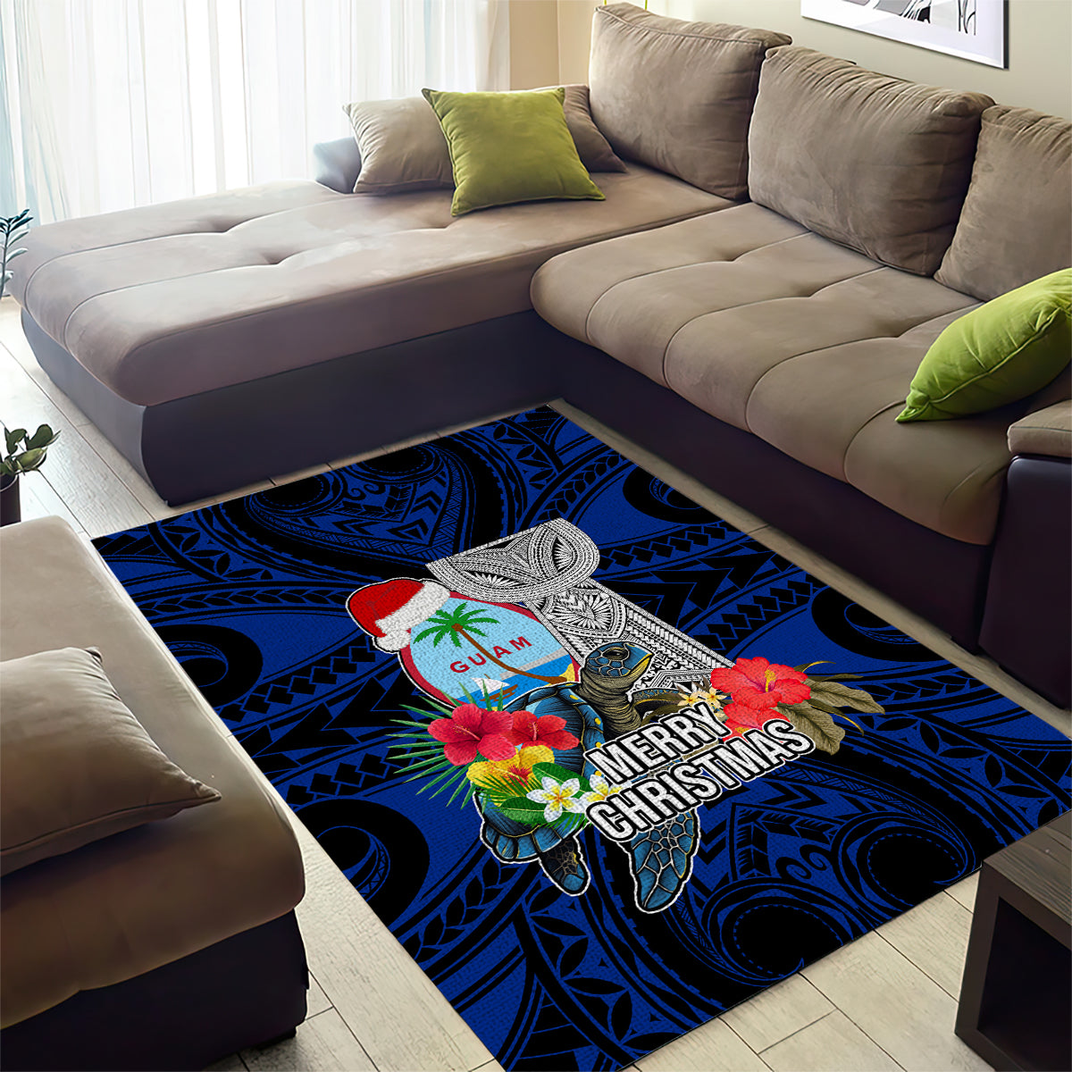 Guam Christmas Area Rug Santa Gift Latte Stone and Sea Turle Mix Hibiscus Chamorro Blue Style LT03