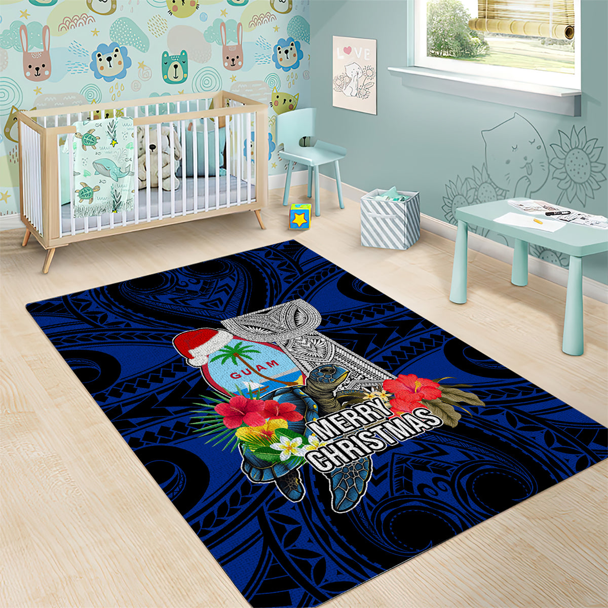 Guam Christmas Area Rug Santa Gift Latte Stone and Sea Turle Mix Hibiscus Chamorro Blue Style LT03