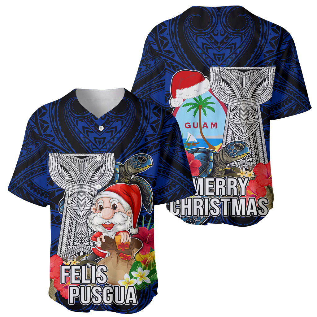 Guam Christmas Baseball Jersey Santa Gift Latte Stone and Sea Turle Mix Hibiscus Chamorro Blue Style LT03