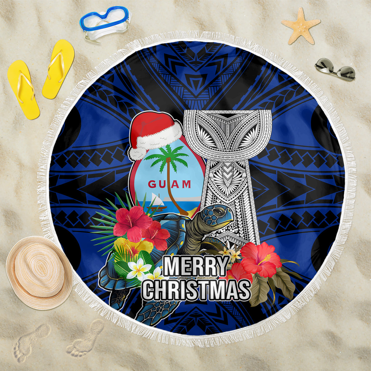 Guam Christmas Beach Blanket Santa Gift Latte Stone and Sea Turle Mix Hibiscus Chamorro Blue Style LT03