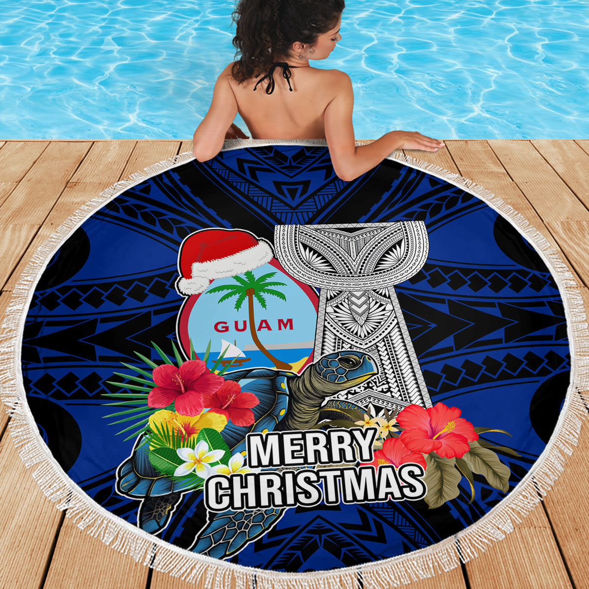 Guam Christmas Beach Blanket Santa Gift Latte Stone and Sea Turle Mix Hibiscus Chamorro Blue Style LT03