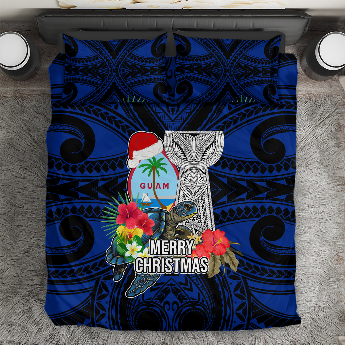 Guam Christmas Bedding Set Santa Gift Latte Stone and Sea Turle Mix Hibiscus Chamorro Blue Style LT03