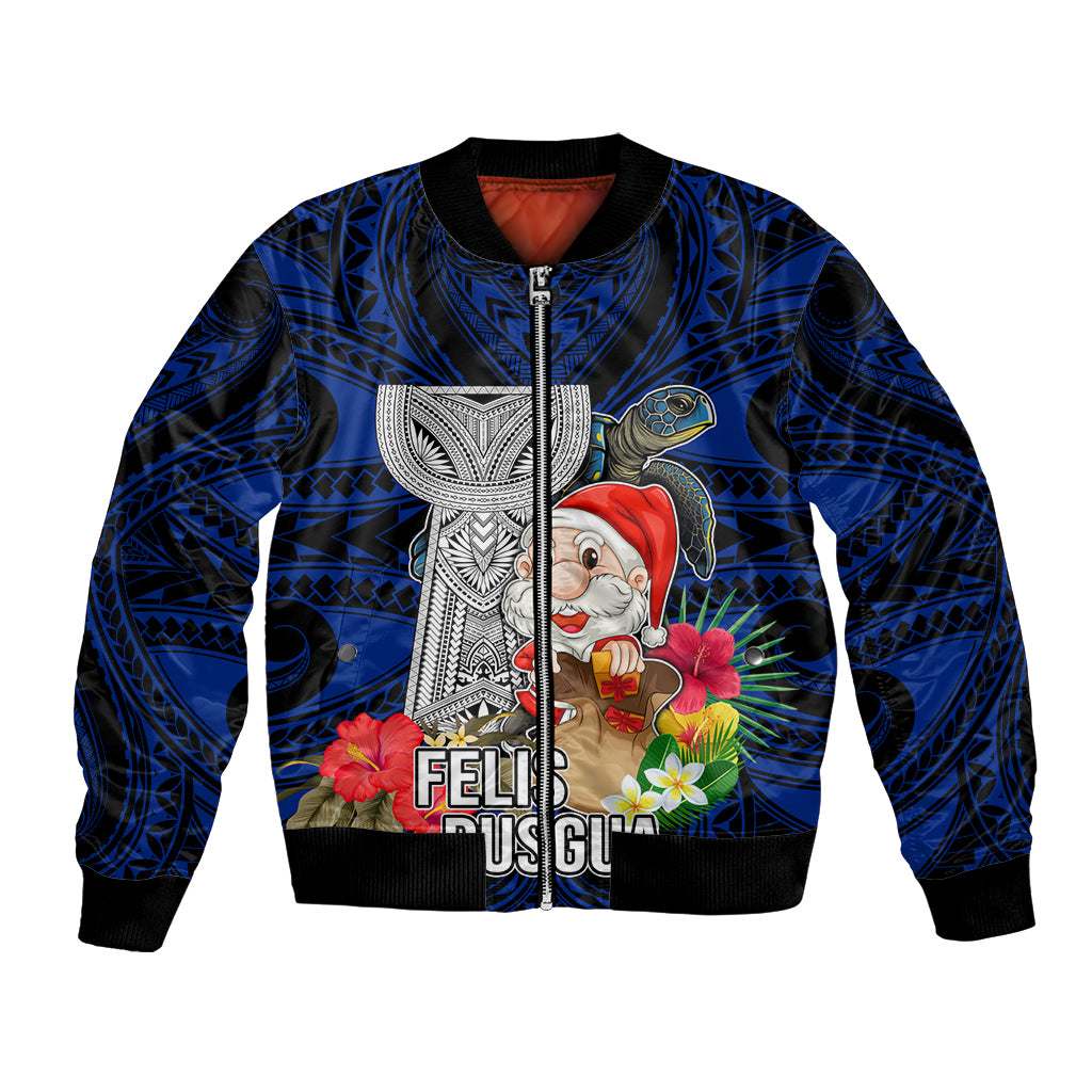 Guam Christmas Bomber Jacket Santa Gift Latte Stone and Sea Turle Mix Hibiscus Chamorro Blue Style LT03