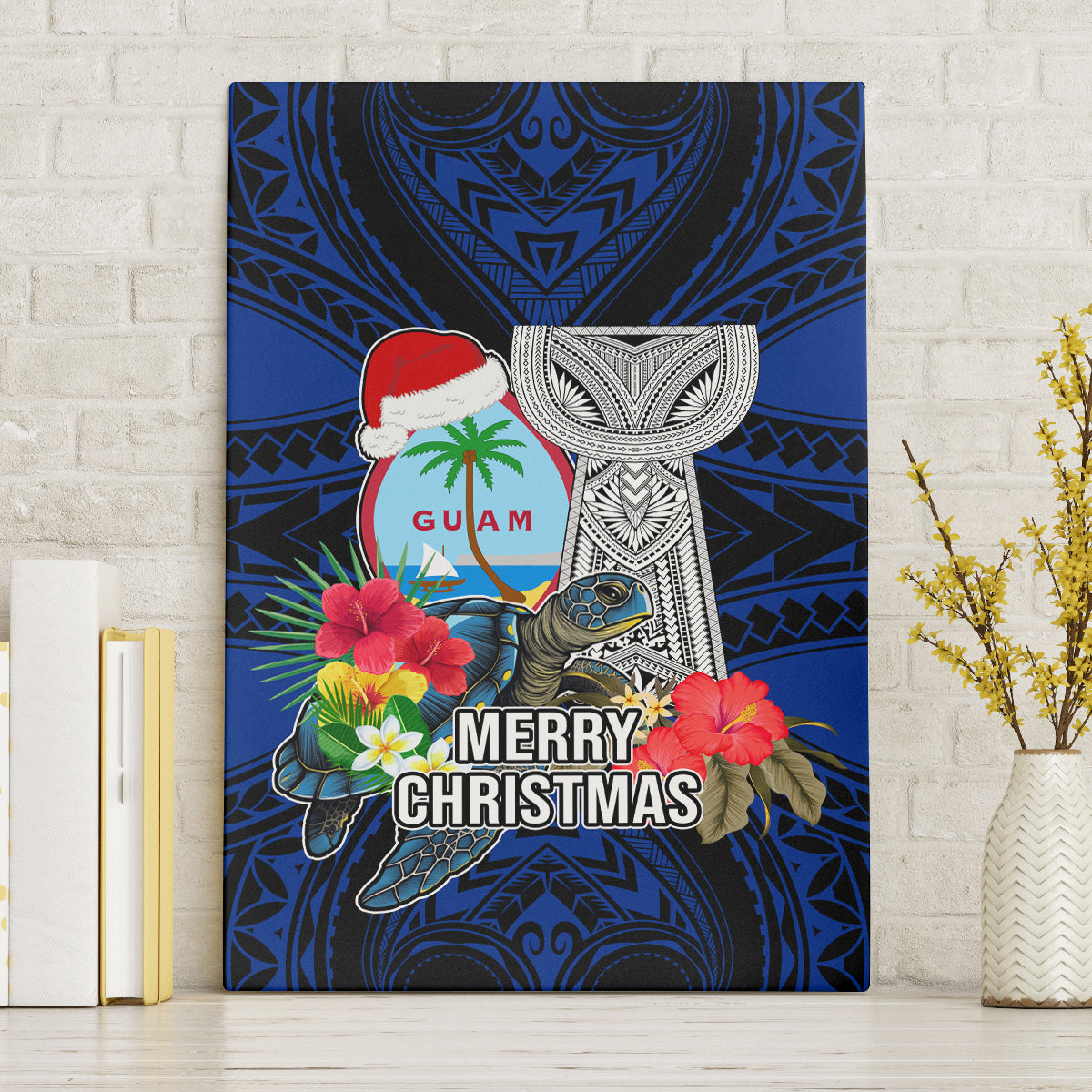 Guam Christmas Canvas Wall Art Santa Gift Latte Stone and Sea Turle Mix Hibiscus Chamorro Blue Style LT03