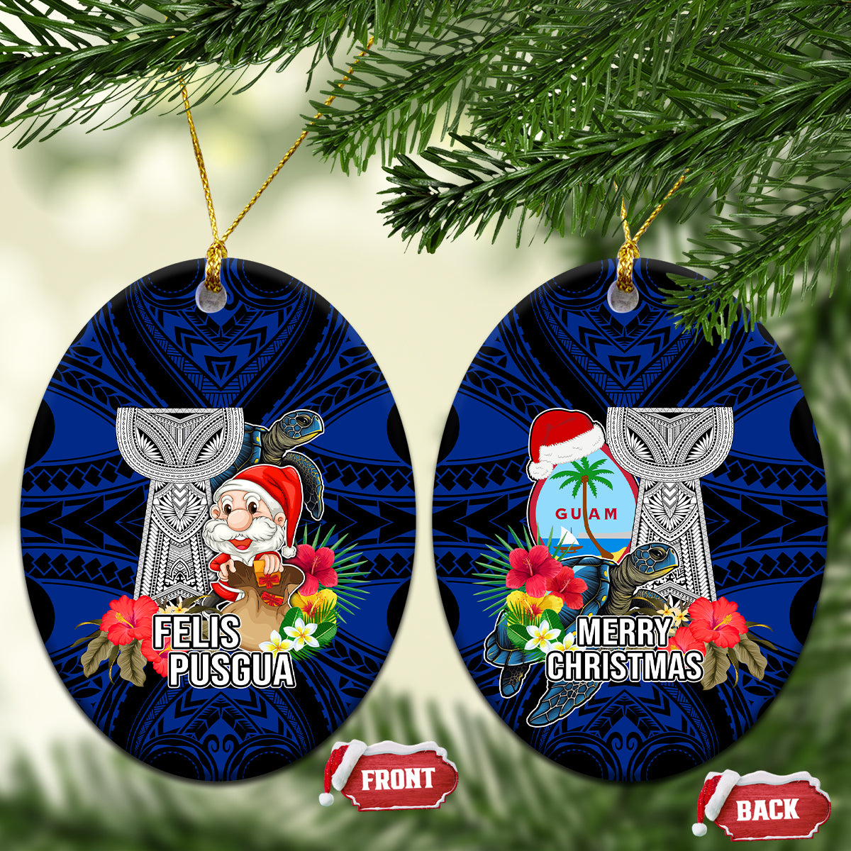 Guam Christmas Ceramic Ornament Santa Gift Latte Stone and Sea Turle Mix Hibiscus Chamorro Blue Style LT03 Oval Blue - Polynesian Pride