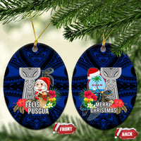 Guam Christmas Ceramic Ornament Santa Gift Latte Stone and Sea Turle Mix Hibiscus Chamorro Blue Style LT03 Oval Blue - Polynesian Pride