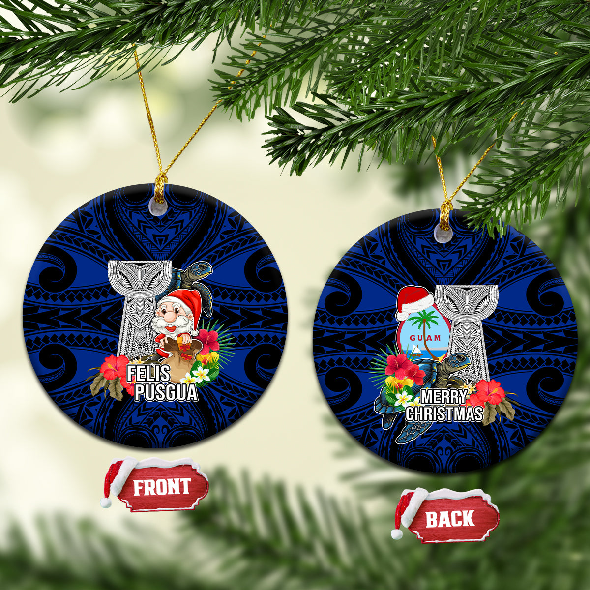 Guam Christmas Ceramic Ornament Santa Gift Latte Stone and Sea Turle Mix Hibiscus Chamorro Blue Style LT03 Circle Blue - Polynesian Pride