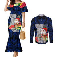 Guam Christmas Couples Matching Mermaid Dress and Long Sleeve Button Shirt Santa Gift Latte Stone and Sea Turle Mix Hibiscus Chamorro Blue Style LT03